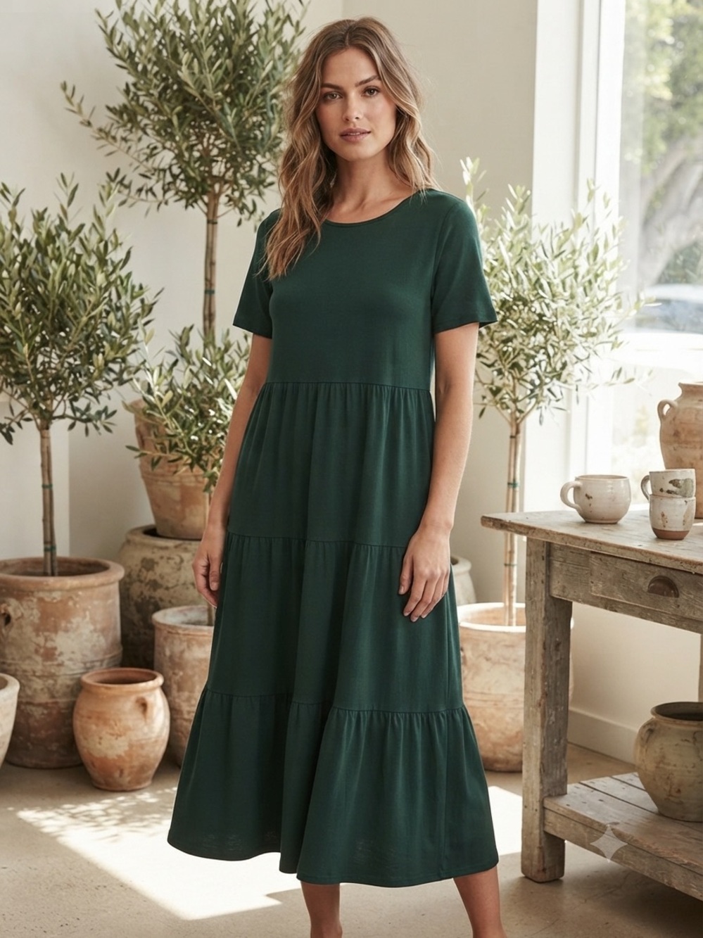 Take 50% OFF- Women's Dark Green Tiered Short-Sleeve Maxi Dress, Size-L